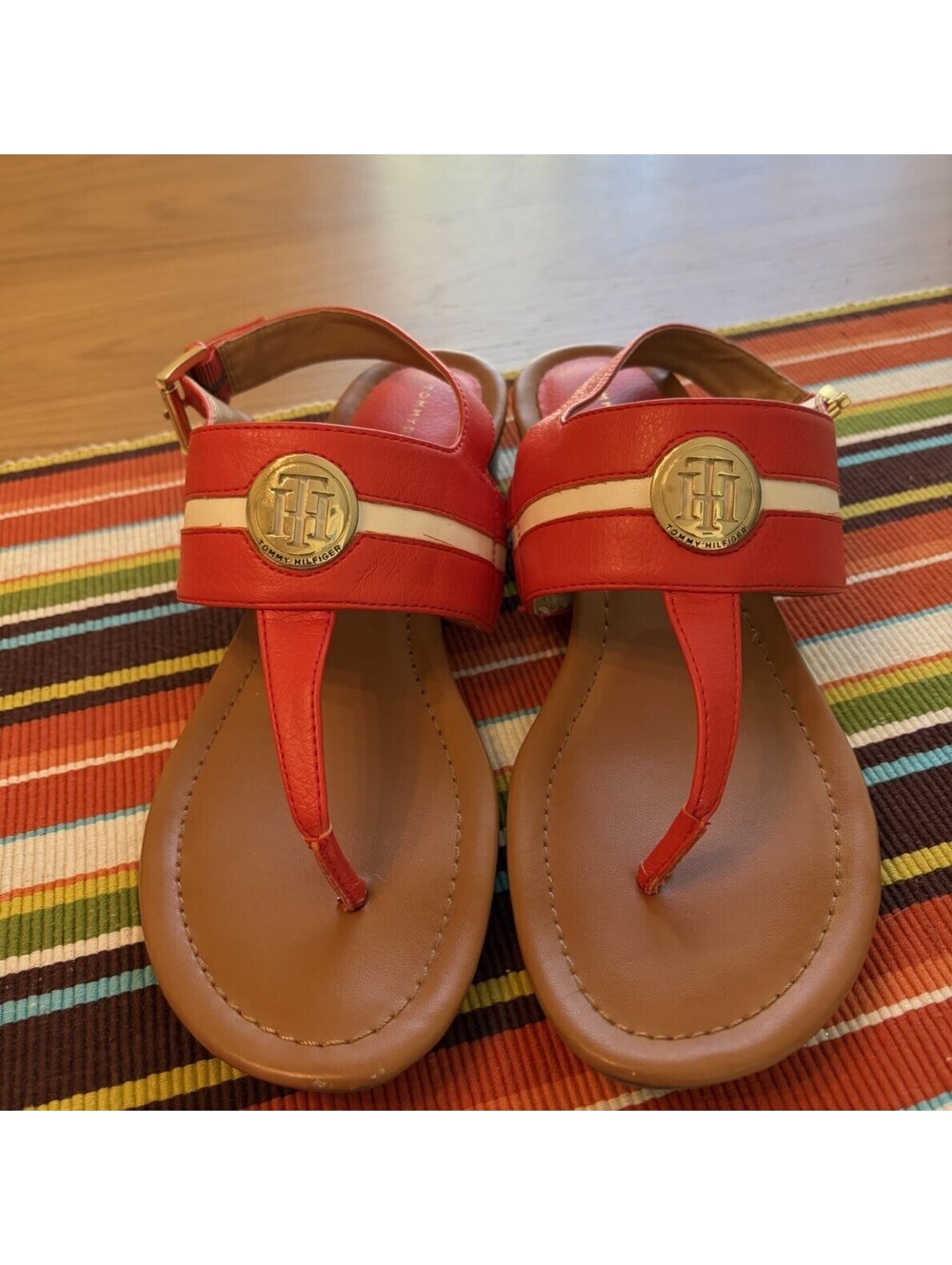 Tommy Hilfiger Luvee Sandals in Red 7.5M Sling Back Buckle Logo Faux Leather